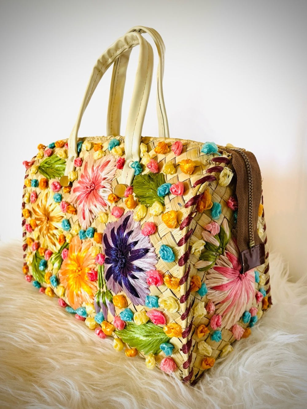 VTG Handbag Straw Raffia Floral Woven Bag Mid Century Philippines Colorful Purse - Picture 2 of 13